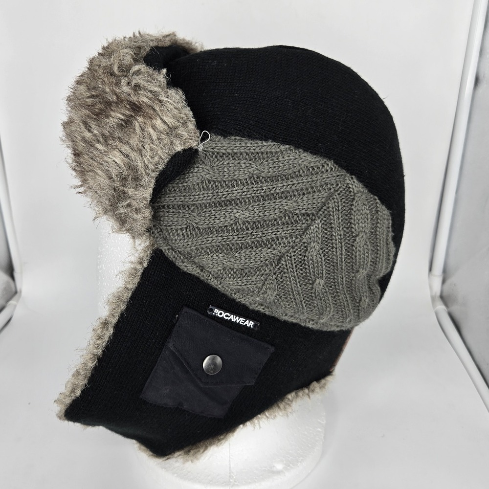 Vtg Rocawear Trapper Hat Faux Fur Ushanka Y2K‎ Cyber Goth Streetwear Black Gray